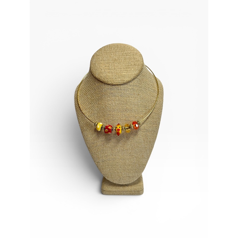 Glass Bird Bead Choker Necklace Gold Tone Wire Cable Red Yellow